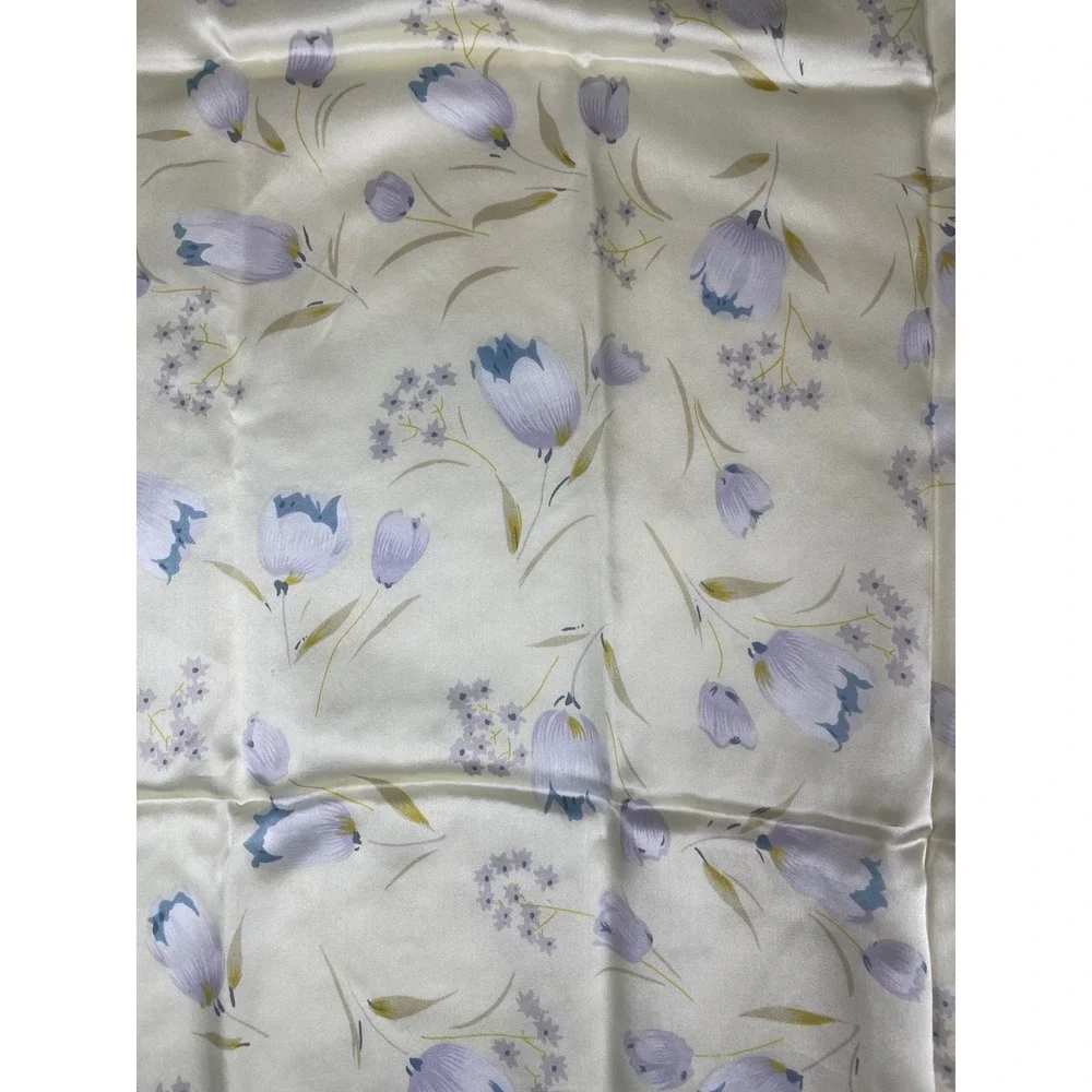 100% Silk Square Scarf Floral Tulip Print Blue Cream Large 42 Inch